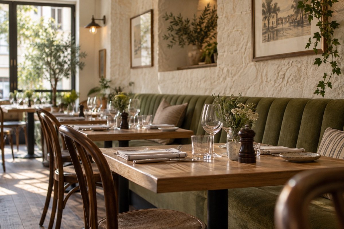 Salle de restaurant chaleureuse avec tables en bois et banquette vert sauge